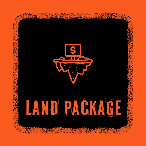 Drone and ground-level photo of land for sale with lot lines and 360 aerial view